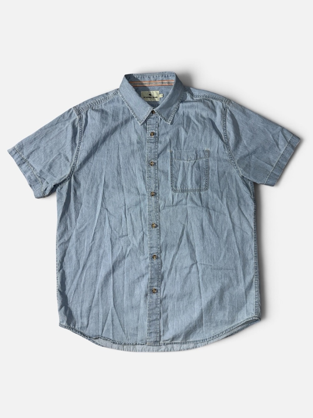 The Normal Brand mens L Large denim blue short sleeve button up shirt EUC
